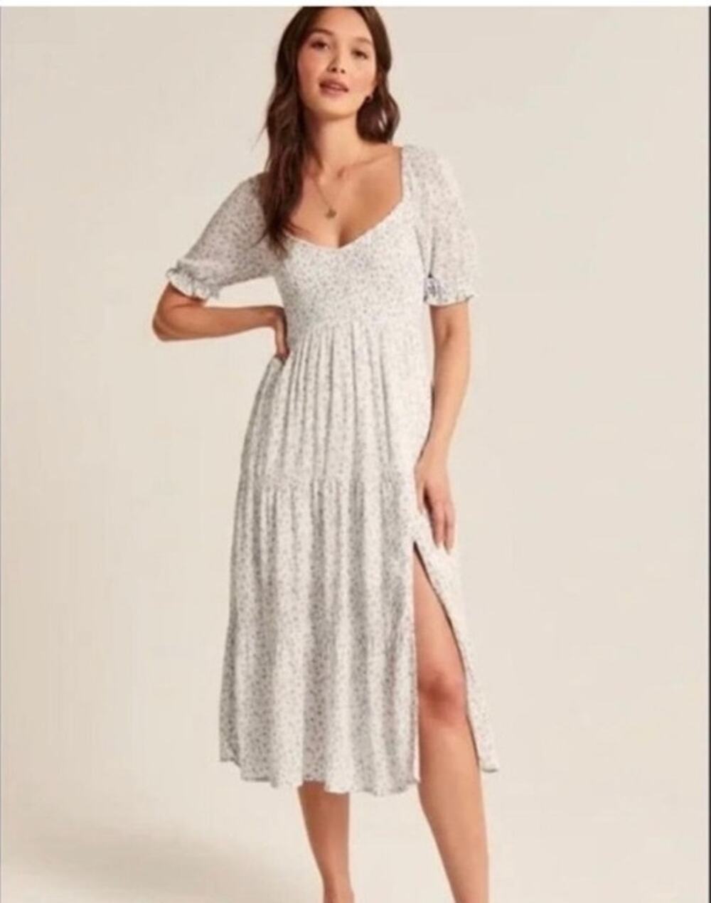 Abercrombie & Fitch Womens Small Smocked Puff Sleeve Midi Dress Floral Coastal